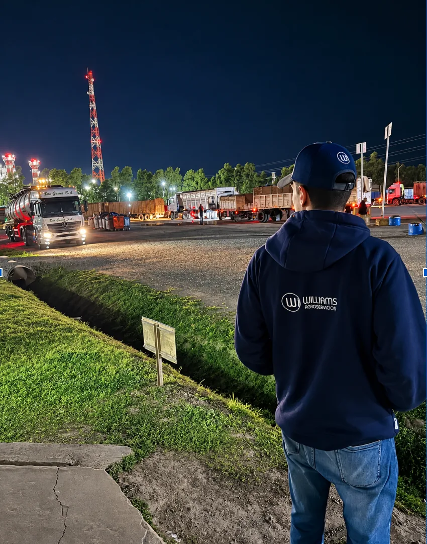 Personal de Williams supervisando la operación nocturna de camiones en planta.