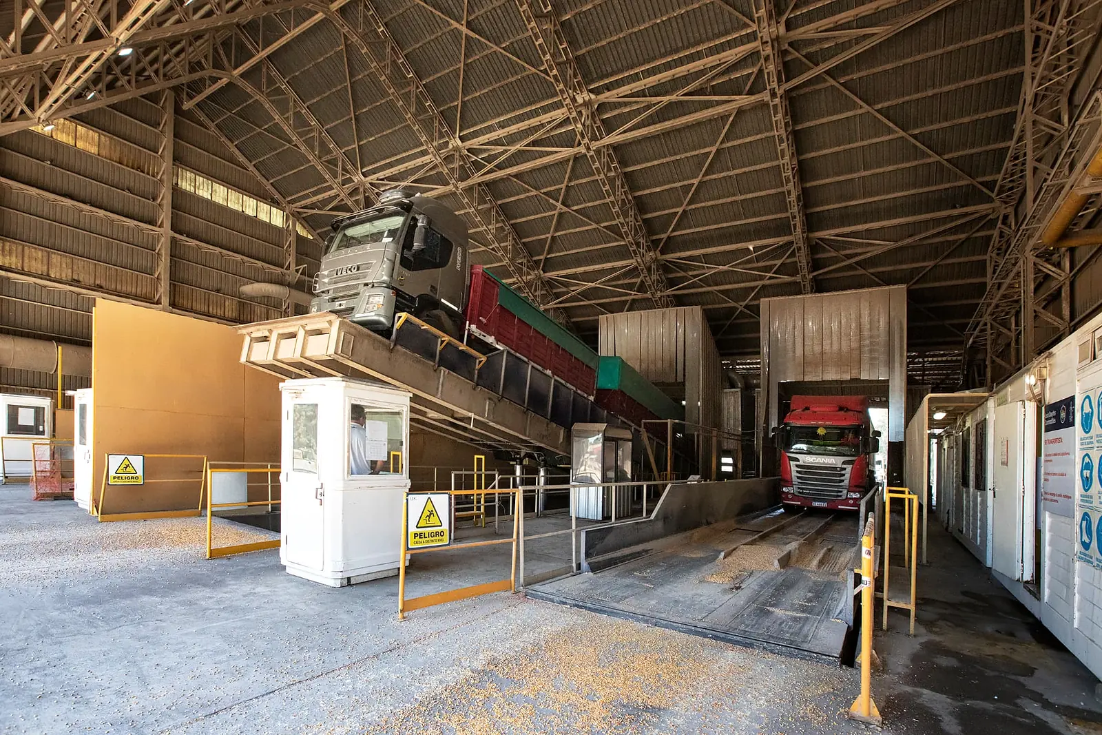 Camiones descargando cereal en las rampas de una terminal portuaria