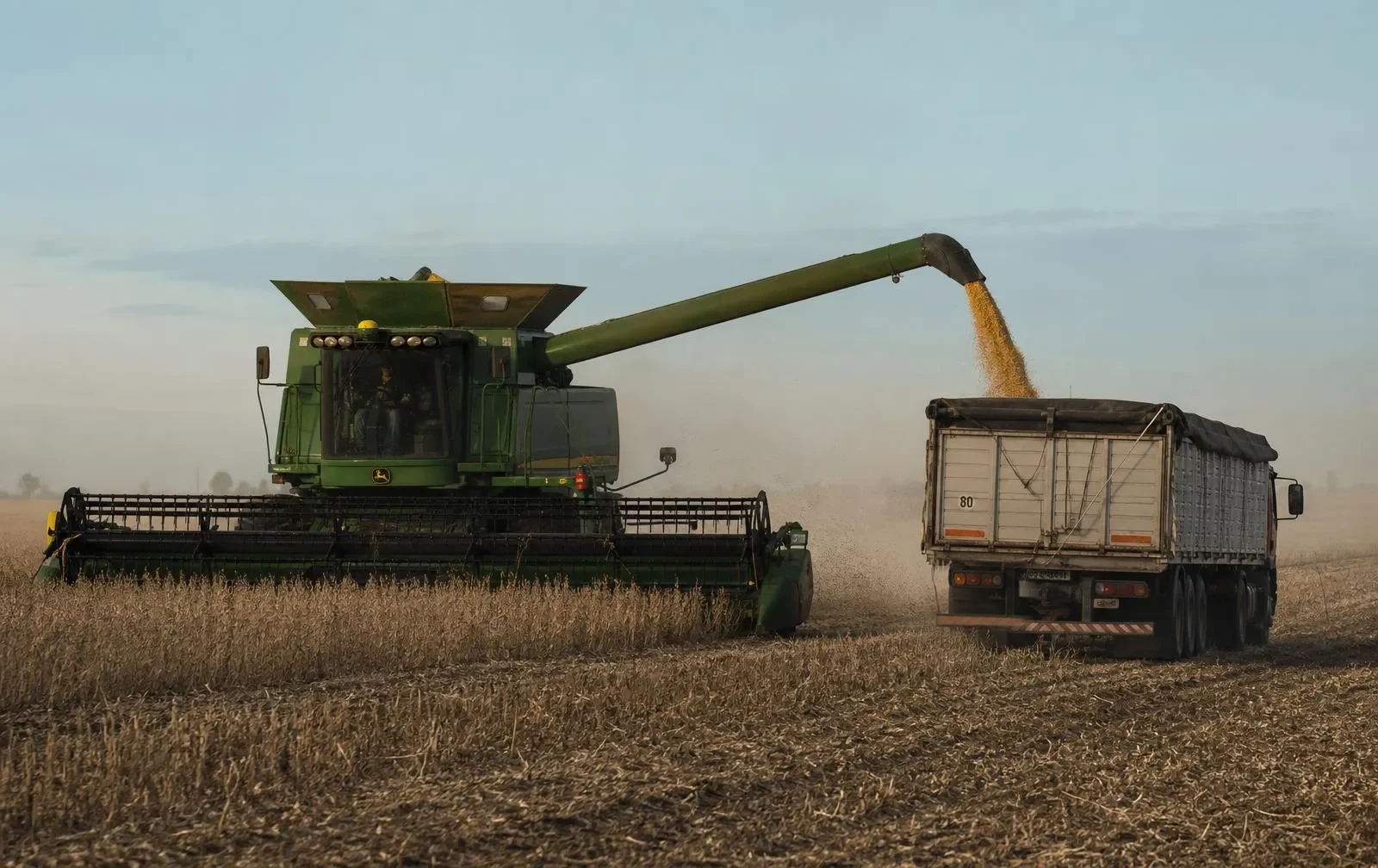 Grain being loaded from the combine harvester into the truck in the field.