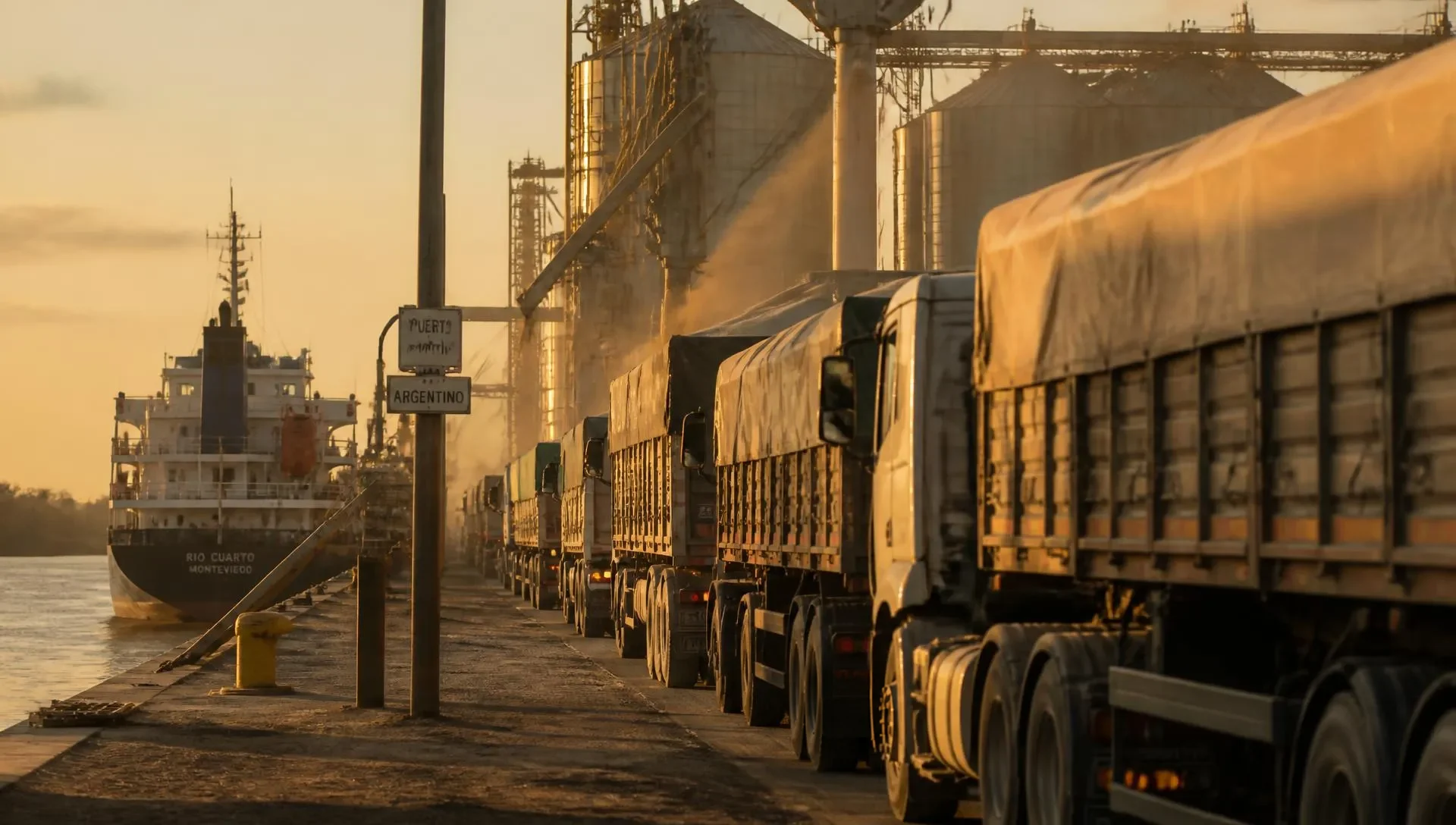A line of grain trucks waiting to unload at a port terminal on the Paraná river at sunset.