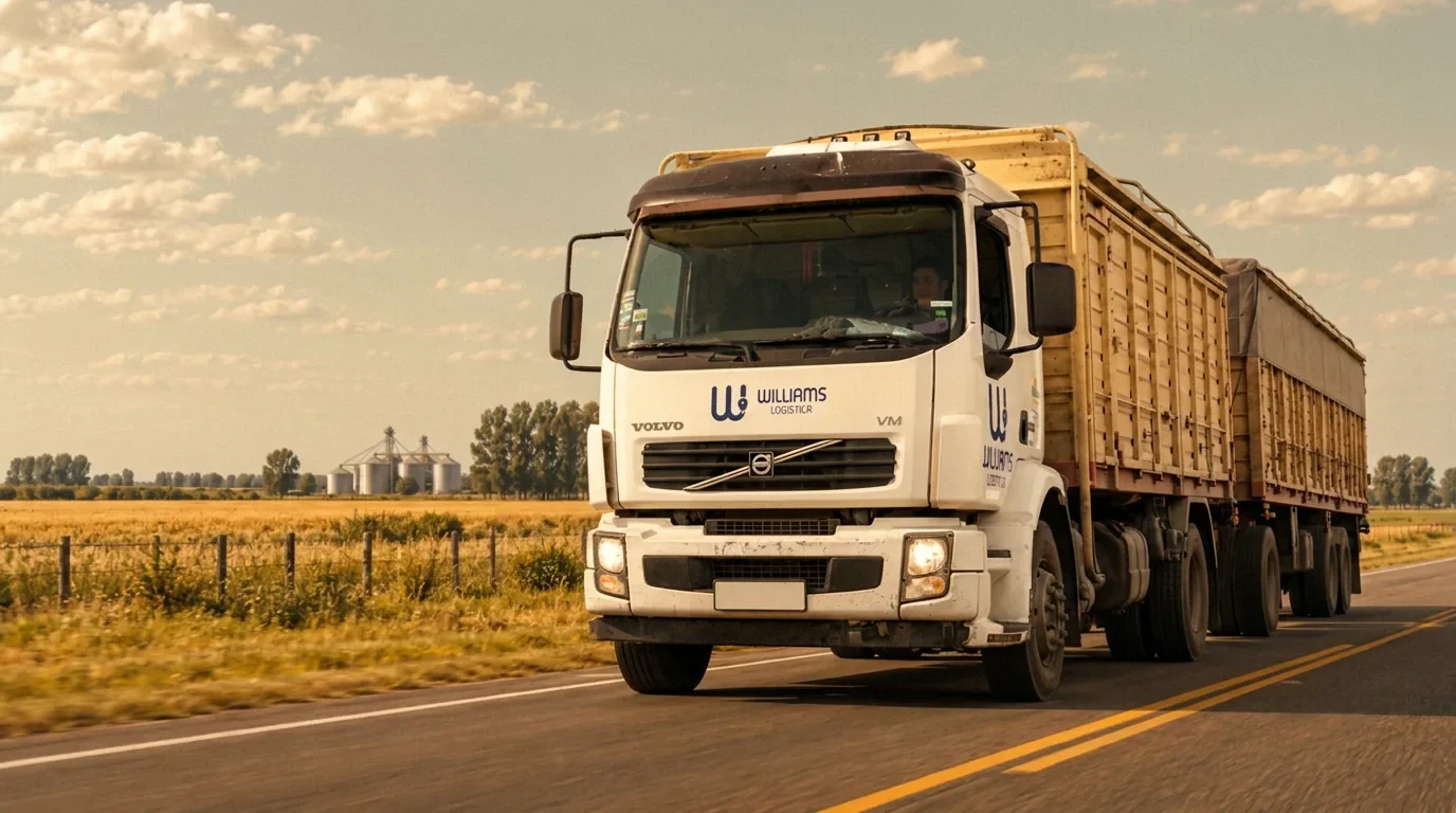A convoy of grain trucks on the road to the port at sunset.