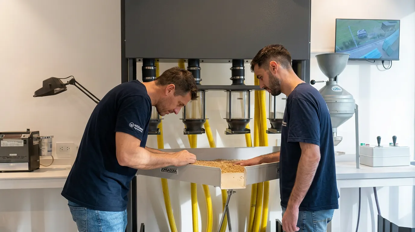 Técnicos de Williams Agroservicios homogeneizando una muestra de grano en el laboratorio
