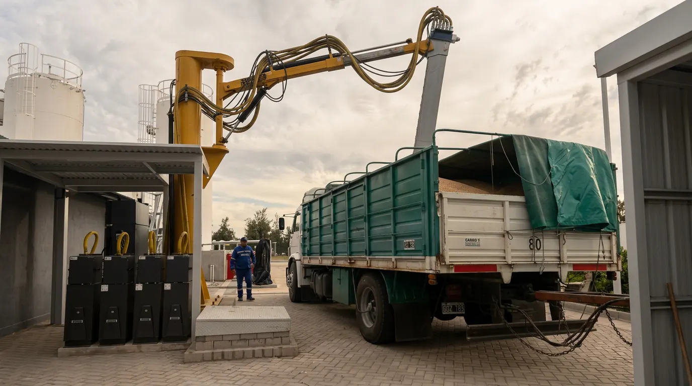 Williams Agroservicios prober taking a representative sample from a grain truck